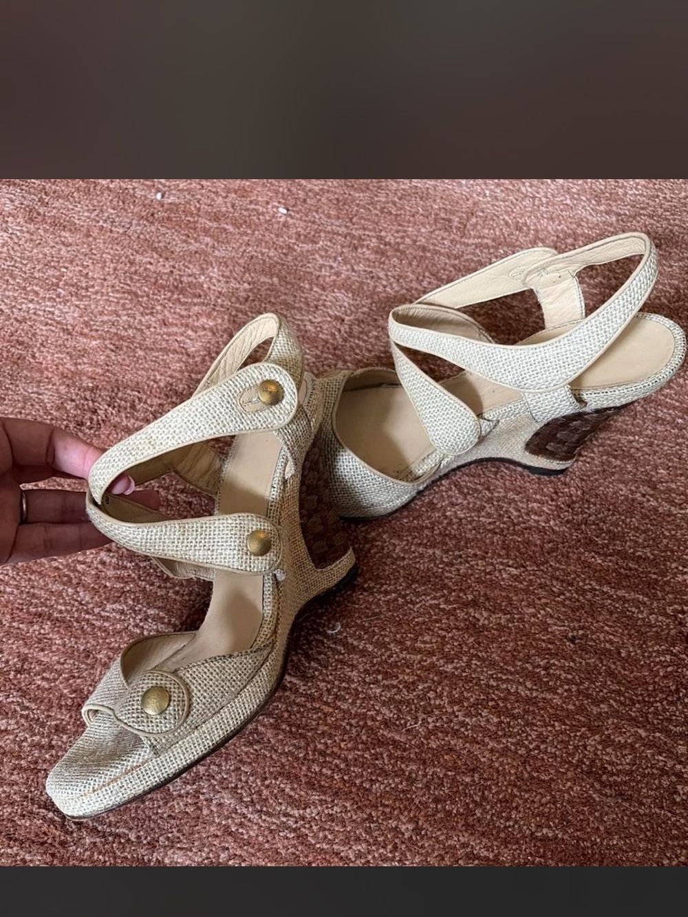 Vintage Ferragamo Woven Beige Women's Strappy Wedge Sandals
